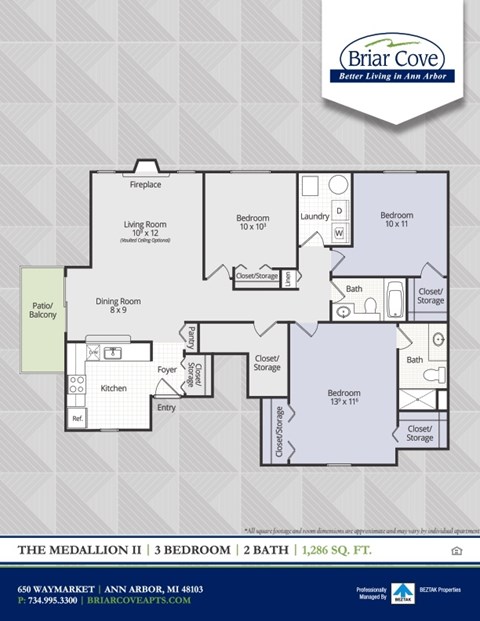 A floor plan for a 3 bedroom, 2 bathroom apartment at Briar Cove.