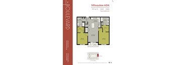 Milwaukee ADA floor plan for a 1147 sq. ft., 2 Bed, 2 Bath Type A ADA Unit.