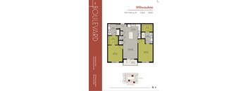 A floor plan for a 2 bedroom, 2 bathroom apartment in Milwaukee.