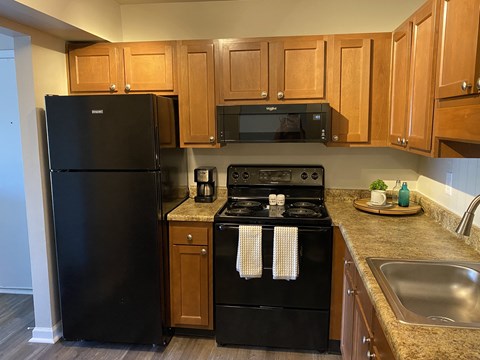 A black refrigerator stands next to a black stove in a kitchen with wooden cabinets.