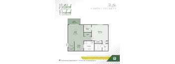 A floor plan for a 1 bath, 750 sq ft apartment.