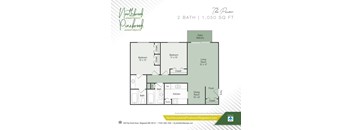 A floor plan for a 2 bath, 1,050 sq ft apartment.