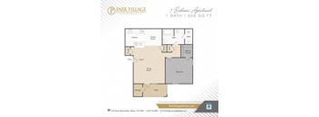 A floor plan for a 1 bedroom apartment at Park Village apartments.