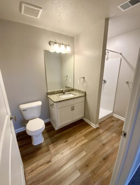 A bathroom with a toilet, sink, and mirror.