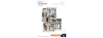 A floor plan of a 3 bedroom apartment with 2 bathrooms.