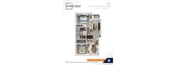 A floor plan of a 2 bedroom apartment with 2 bathrooms.