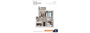 A Stone Crest Apartments advertisement for a 1 bedroom apartment with 1 bath and 697 square feet.