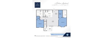 A blueprint of a 2 bedroom apartment with a living room, dining room, kitchen, and bathrooms.