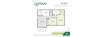 A floor plan for a 2 bedroom apartment with 1 bath.