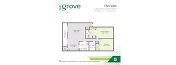 A floor plan for a 2 bedroom apartment with a living room, dining room, kitchen, and bathrooms.