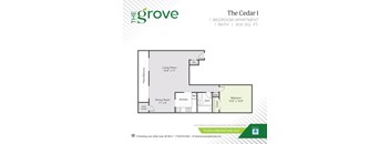 A floor plan for a one bedroom apartment at The Grove.