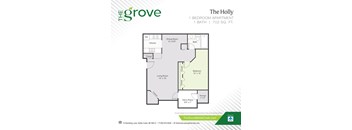 A floor plan for a 1 bedroom apartment with 1 bath and 702 square feet.