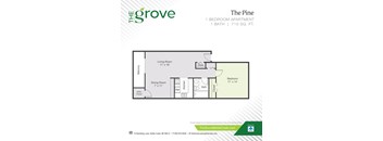 A floor plan for a one bedroom apartment sized at 715 square feet.
