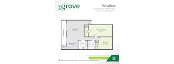 A floor plan for a 2 bedroom apartment with a living room, dining room, kitchen, and bathroom.