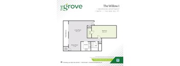A floor plan for a one bedroom apartment at The Grove.