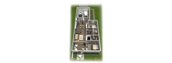 A 3D floor plan of a house with a garage and a car.