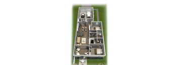 A 3D floor plan of a house with a garage and a car.