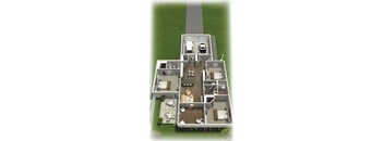 A 3D rendered image of a house layout with a garage, living room, kitchen, dining room, and two bedrooms.