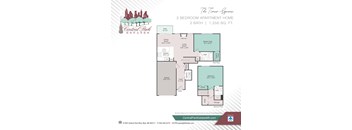 A floor plan for a 2 bedroom apartment with a total area of 1,256 square feet.