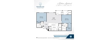 A floor plan for a 2 bedroom apartment with 2 bathrooms and a total area of 966 square feet.