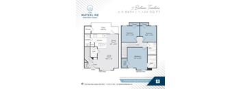 A floor plan for a 3 Bedroom Townhome with a 2.5 bath and 1,120 sq ft.