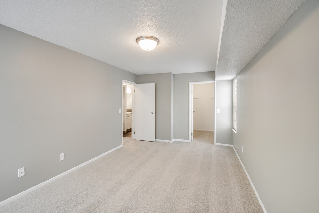 A room with white walls and a carpeted floor with three open doors.