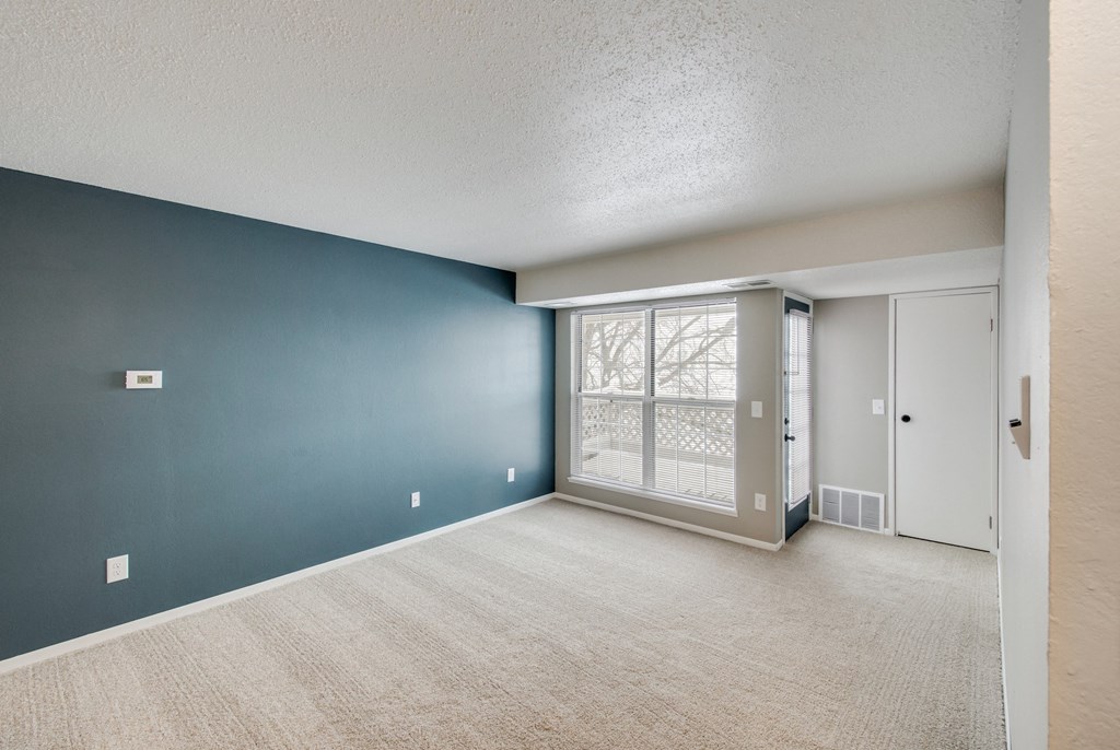 A room with a blue wall and a carpeted floor.