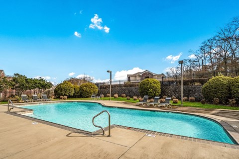 A large swimming pool surrounded by a stone wall and trees.