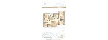 A floor plan for a Windrose apartment, which includes a master bedroom, two bathrooms, a living room, a dining room, and a kitchen.