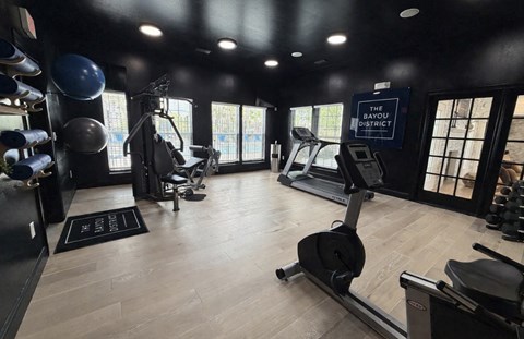 A gym with treadmills, elliptical machines, and weights.