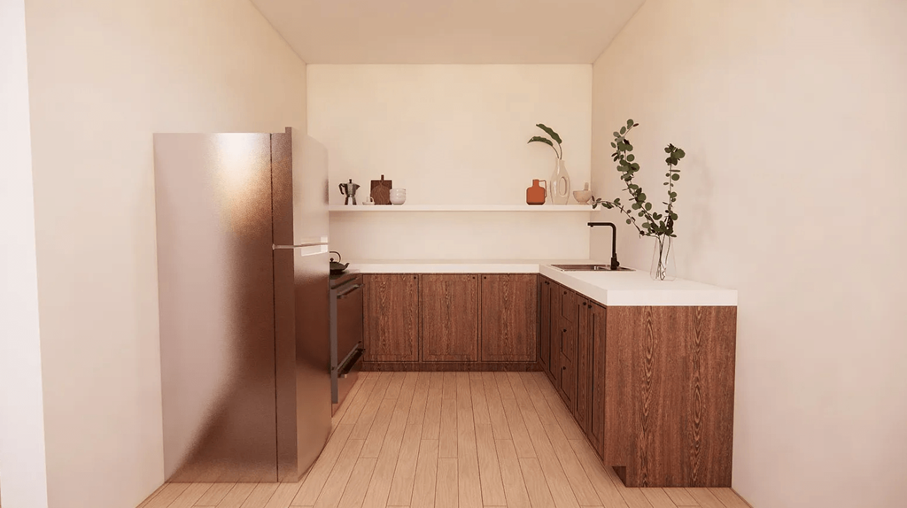 a kitchen with a refrigerator and a sink