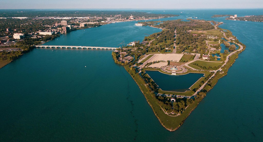 an aerial view of a peninsula in a body of water
