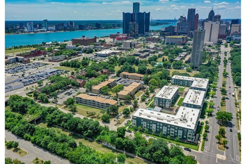 an aerial view of the city with the skyline