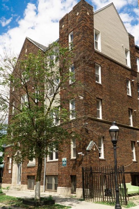 A tall brick building with a tree in front of it.