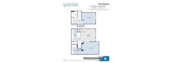 A blueprint of a 2 bedroom apartment with a living room and two bathrooms.