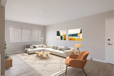 a living room with a couch and a chair and a rug