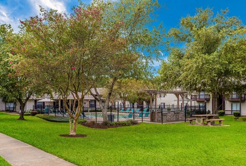 a park with trees and a pool in front of a building