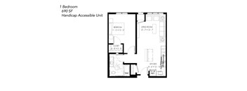 A floor plan of a handicap accessible unit with a bedroom, living room, kitchen, and bathroom.