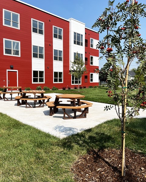 A tree with red flowers is planted in front of a red and white building.
