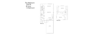 A floor plan of a two bedroom, 1232 square foot bi-level home with a 1.5 bathroom.