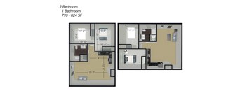 A floor plan of a two bedroom apartment with one bathroom.