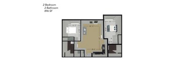 A floor plan of a 2 bedroom, 2 bathroom apartment.