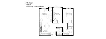 A floor plan of a 2 bedroom, 958 square foot handicap accessible unit.