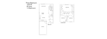 A floor plan of a three bedroom, 1232 square foot bi-level home with a 1.5 bathroom.