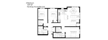 A floor plan of a 3 bedroom, 1297 square foot handicap accessible unit.