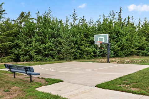 A basketball court surrounded by green trees and a bench.