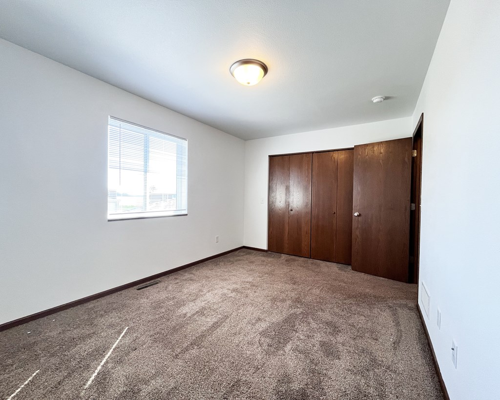A room with a brown carpet and a brown wardrobe.