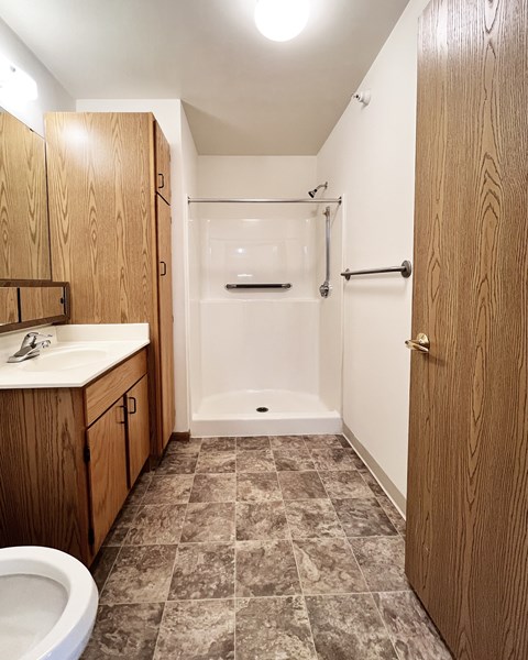 A bathroom with a toilet, sink, and shower.