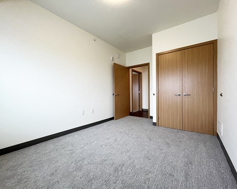 A room with a carpeted floor and two wooden doors.