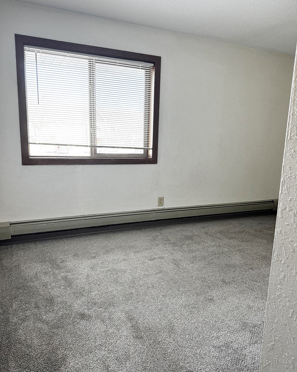 A room with a carpeted floor and a window with blinds.